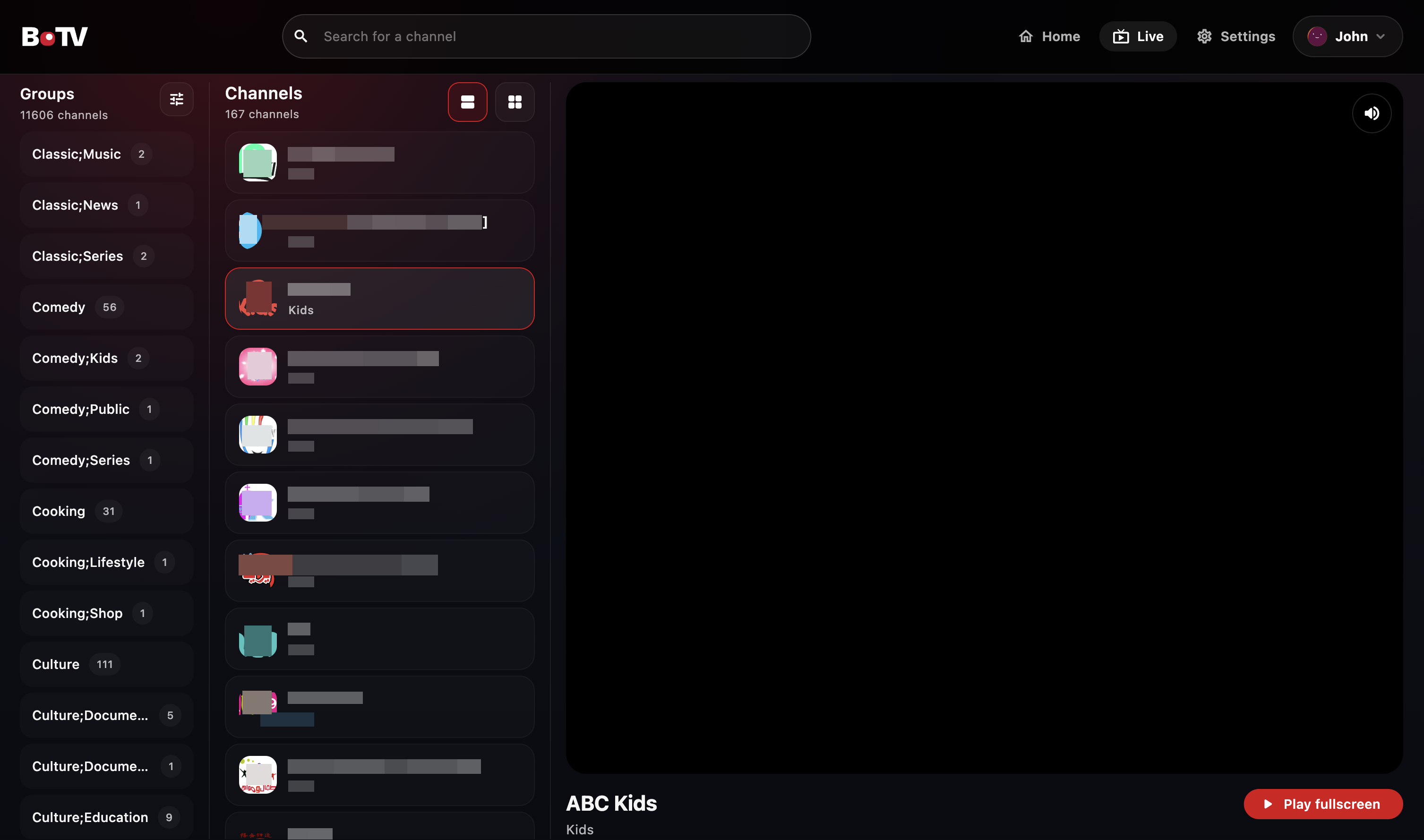Capture d'écran de l'interface live BoTV